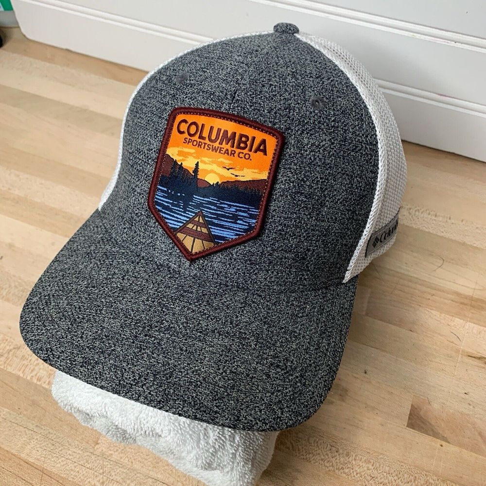 Columbia Mesh Flex Fit Hat Grey Cap with Black/Orange Embroidered Sunset Patch